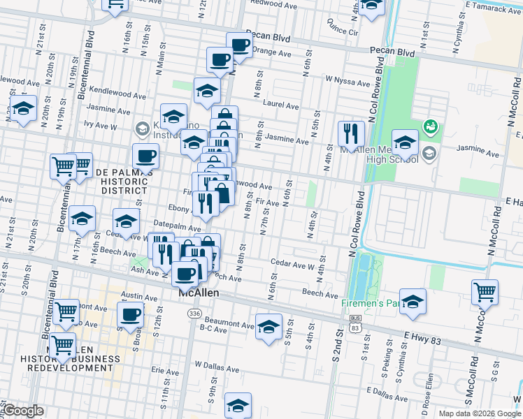 map of restaurants, bars, coffee shops, grocery stores, and more near 509 N 7th St in McAllen