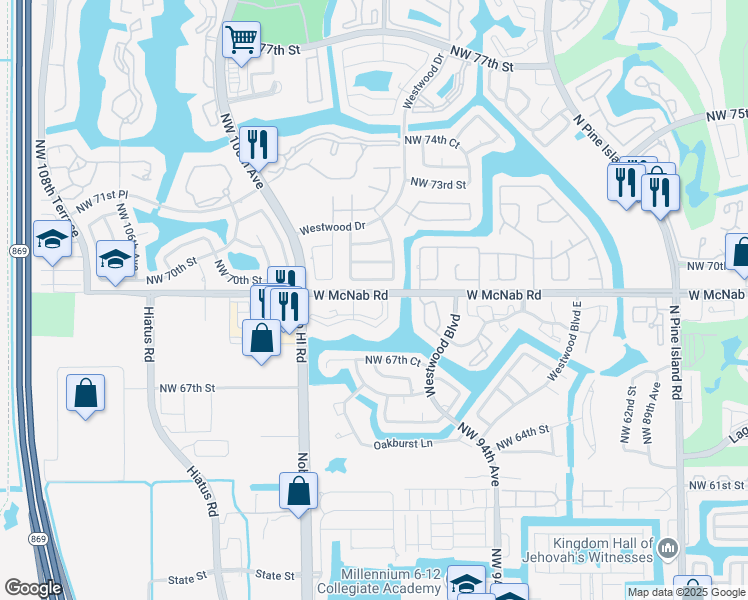 map of restaurants, bars, coffee shops, grocery stores, and more near 9731 West McNab Road in Tamarac