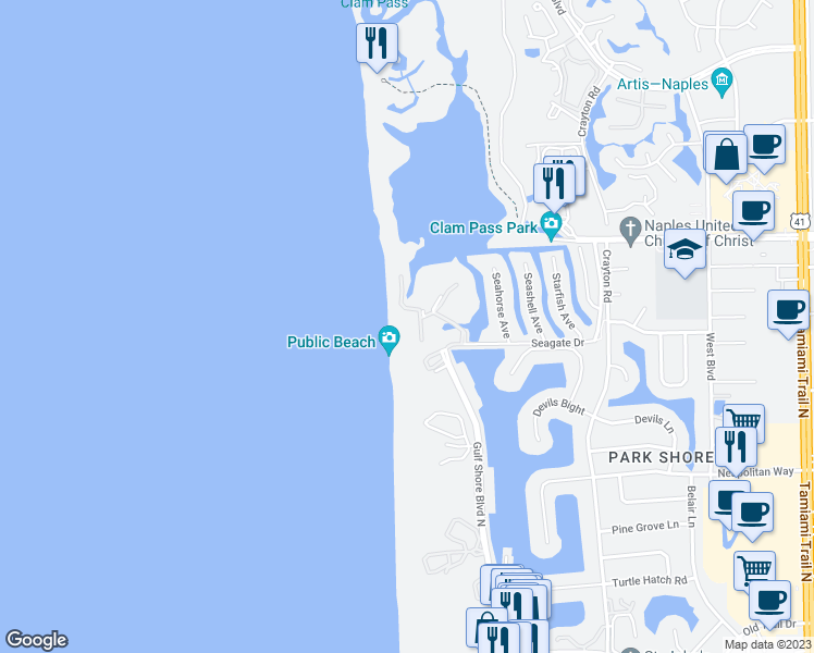map of restaurants, bars, coffee shops, grocery stores, and more near 70 Seagate Drive in Naples