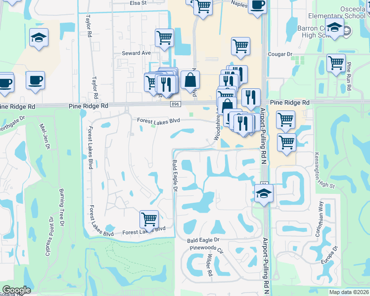 map of restaurants, bars, coffee shops, grocery stores, and more near 700 Woodshire Lane in Naples