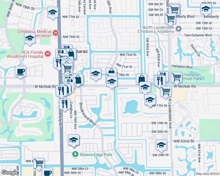 map of restaurants, bars, coffee shops, grocery stores, and more near 6855 Northwest 70th Avenue in Tamarac