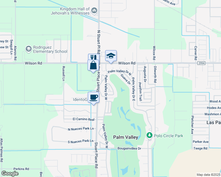 map of restaurants, bars, coffee shops, grocery stores, and more near 1719 Brazo Circle in Palm Valley