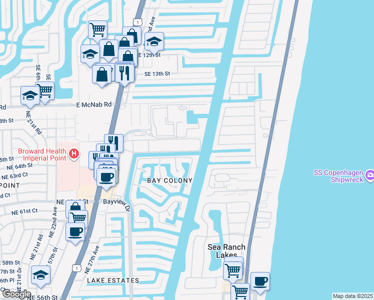 map of restaurants, bars, coffee shops, grocery stores, and more near 6481 Bay Club Drive in Fort Lauderdale