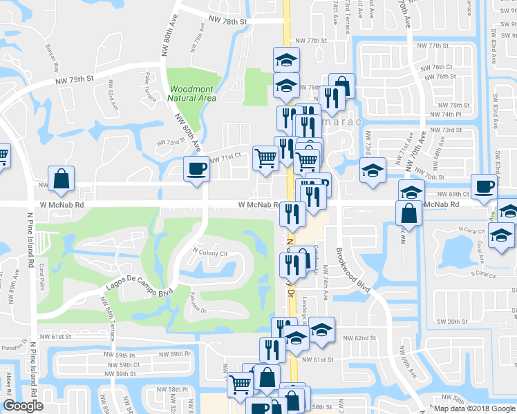 map of restaurants, bars, coffee shops, grocery stores, and more near 7750 West McNab Road in Tamarac