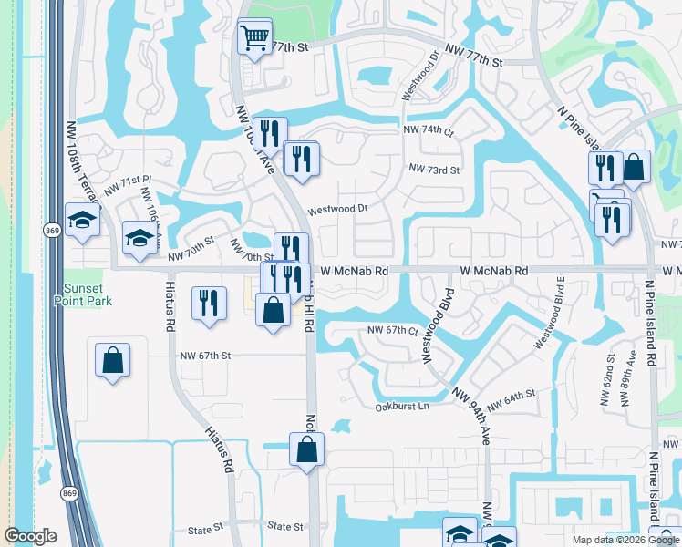 map of restaurants, bars, coffee shops, grocery stores, and more near 9835 Northwest 68th Place in Tamarac