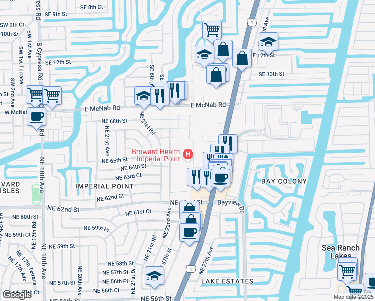 map of restaurants, bars, coffee shops, grocery stores, and more near 6405 North Federal Highway in Fort Lauderdale