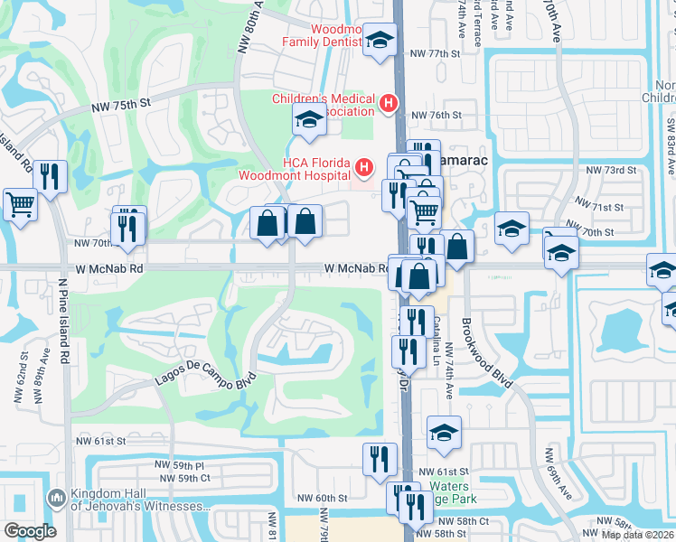 map of restaurants, bars, coffee shops, grocery stores, and more near 7850 West McNab Road in Tamarac