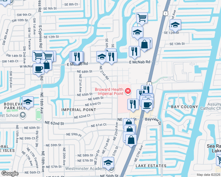 map of restaurants, bars, coffee shops, grocery stores, and more near 6511 Northeast 21st Road in Fort Lauderdale