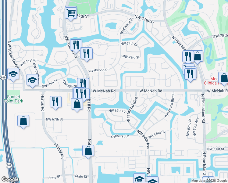 map of restaurants, bars, coffee shops, grocery stores, and more near 9731 West McNab Road in Tamarac