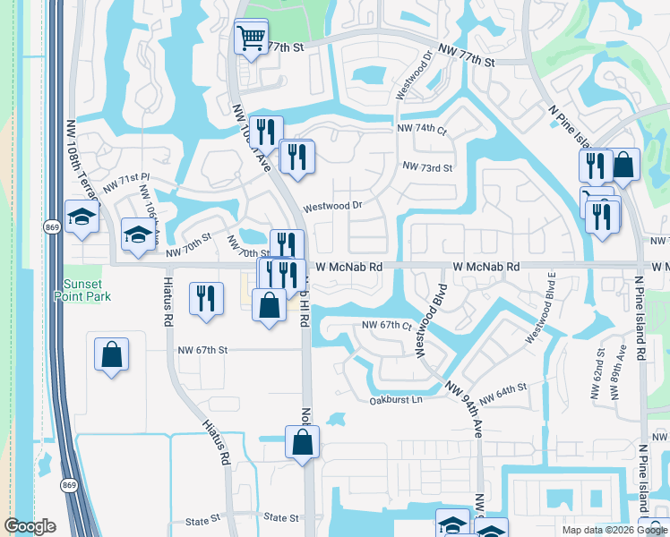 map of restaurants, bars, coffee shops, grocery stores, and more near 9835 Northwest 68th Place in Tamarac