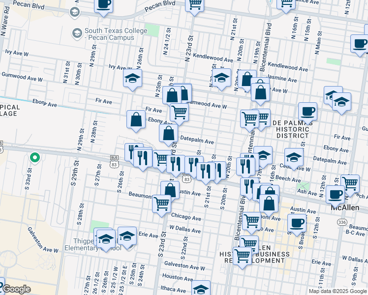 map of restaurants, bars, coffee shops, grocery stores, and more near 2234 Cedar Avenue in McAllen