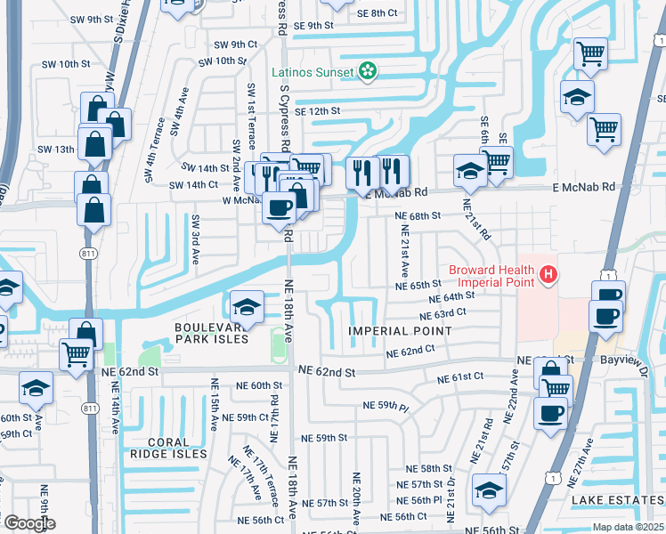map of restaurants, bars, coffee shops, grocery stores, and more near 1871 Northeast 65th Court in Fort Lauderdale