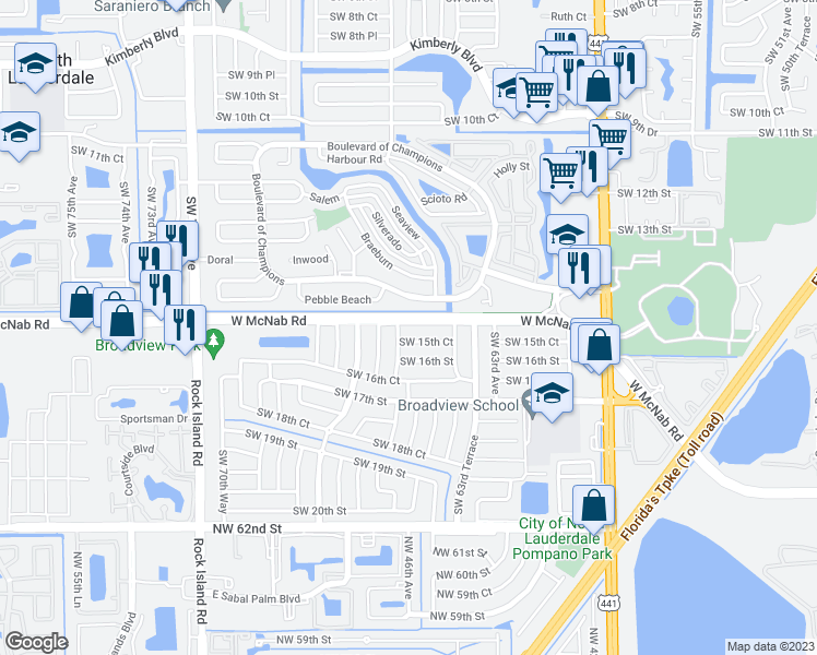 map of restaurants, bars, coffee shops, grocery stores, and more near 6500 Southwest 15th Street in Pompano Beach