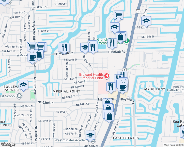 map of restaurants, bars, coffee shops, grocery stores, and more near 6511 Northeast 21st Road in Fort Lauderdale