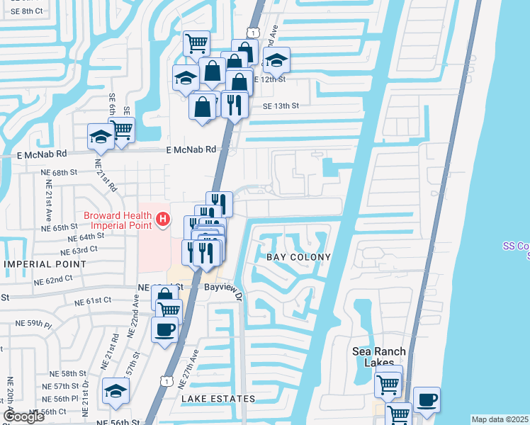 map of restaurants, bars, coffee shops, grocery stores, and more near 6317 Bay Club Drive in Fort Lauderdale