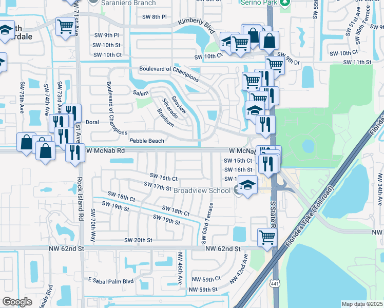 map of restaurants, bars, coffee shops, grocery stores, and more near 6441 Southwest 15th Court in Pompano Beach