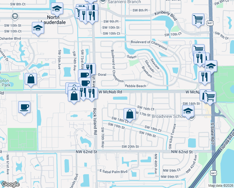 map of restaurants, bars, coffee shops, grocery stores, and more near 6892 Southwest 15th Street in North Lauderdale