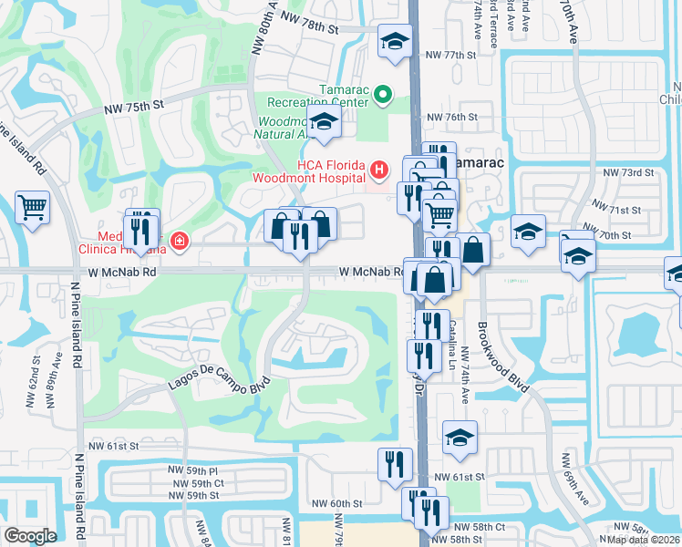 map of restaurants, bars, coffee shops, grocery stores, and more near 7850 West McNab Road in Tamarac