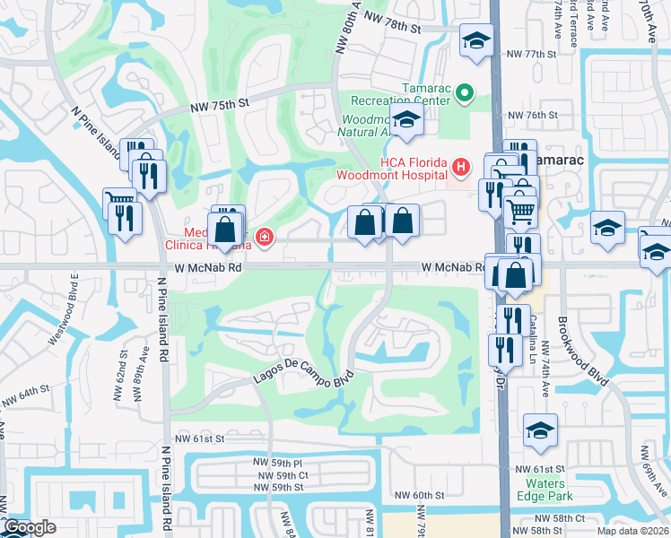 map of restaurants, bars, coffee shops, grocery stores, and more near 8150 West McNab Road in Tamarac
