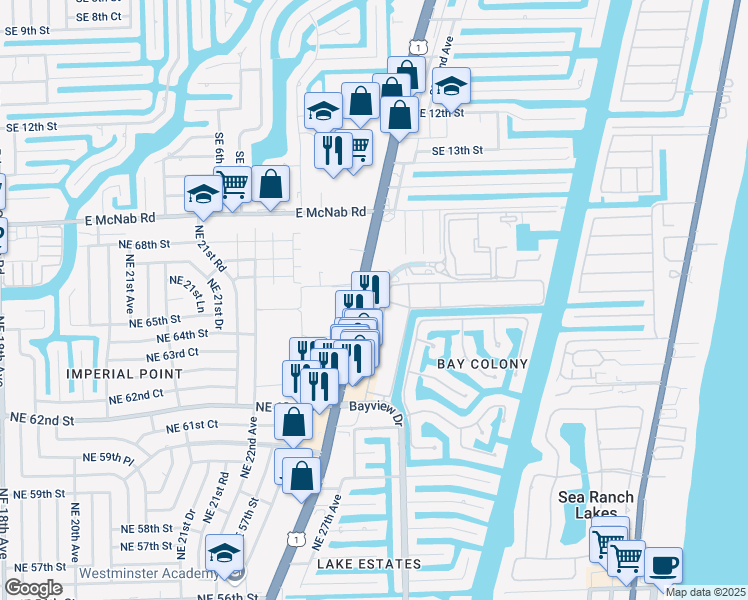 map of restaurants, bars, coffee shops, grocery stores, and more near 6500 U.S. Highway 1 in Fort Lauderdale