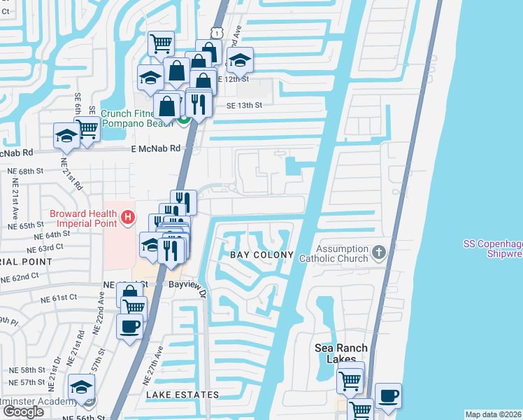 map of restaurants, bars, coffee shops, grocery stores, and more near 6419 Bay Club Drive in Fort Lauderdale