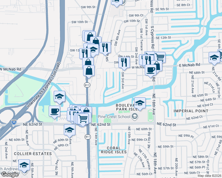 map of restaurants, bars, coffee shops, grocery stores, and more near 521 Southwest 18th Street in Pompano Beach