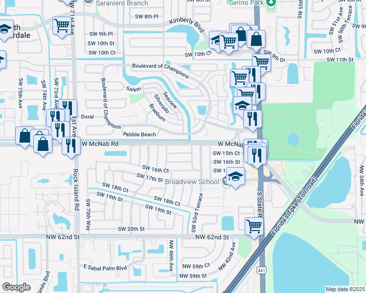 map of restaurants, bars, coffee shops, grocery stores, and more near 6441 Southwest 15th Court in Pompano Beach