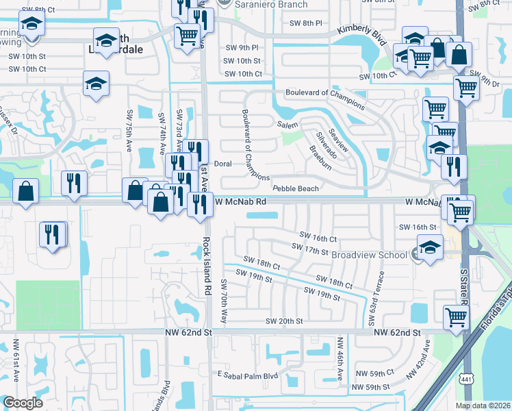 map of restaurants, bars, coffee shops, grocery stores, and more near 6892 Southwest 15th Street in North Lauderdale