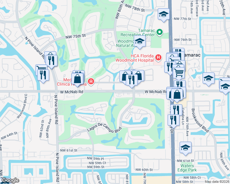 map of restaurants, bars, coffee shops, grocery stores, and more near 8150 West McNab Road in Tamarac