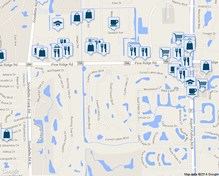 map of restaurants, bars, coffee shops, grocery stores, and more near 200 Quail Forest Boulevard in Naples
