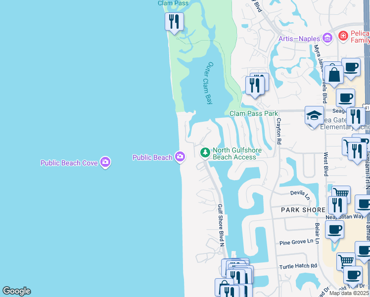 map of restaurants, bars, coffee shops, grocery stores, and more near 70 Seagate Drive in Naples