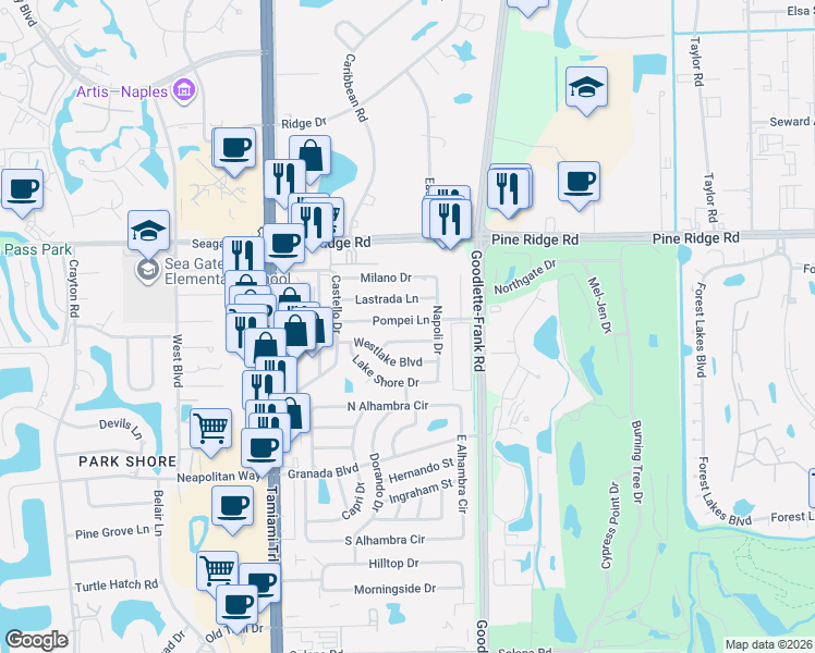 map of restaurants, bars, coffee shops, grocery stores, and more near 1309 Woodridge Avenue in Naples