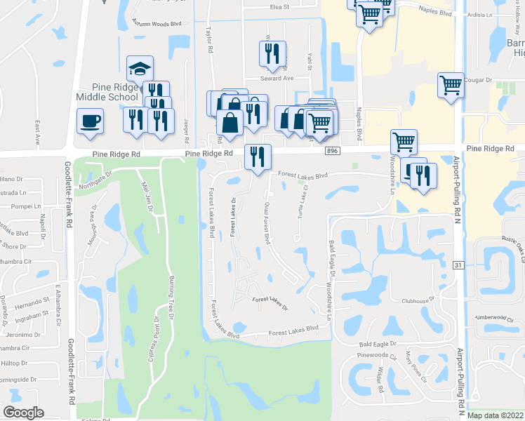 map of restaurants, bars, coffee shops, grocery stores, and more near 200 Quail Forest Boulevard in Naples