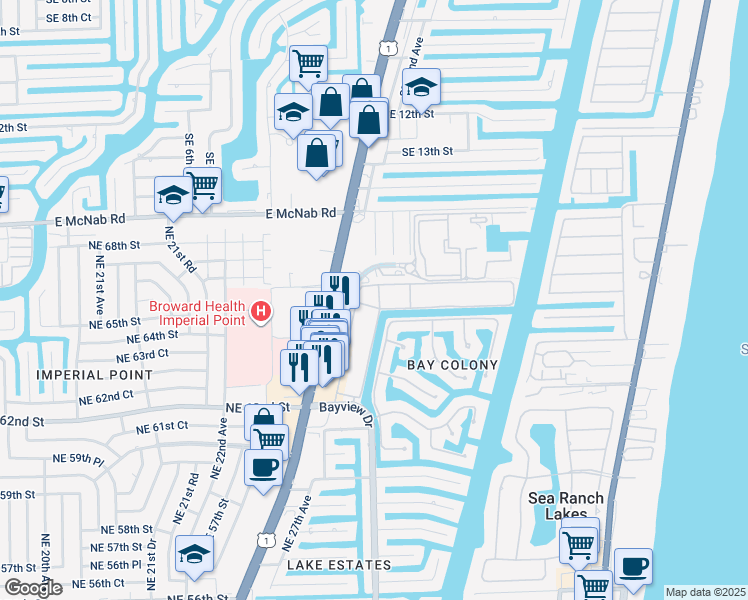 map of restaurants, bars, coffee shops, grocery stores, and more near 6331 Bay Club Drive in Fort Lauderdale