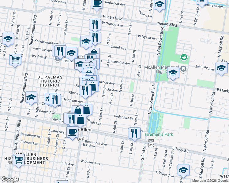 map of restaurants, bars, coffee shops, grocery stores, and more near 509 North 7th Street in McAllen