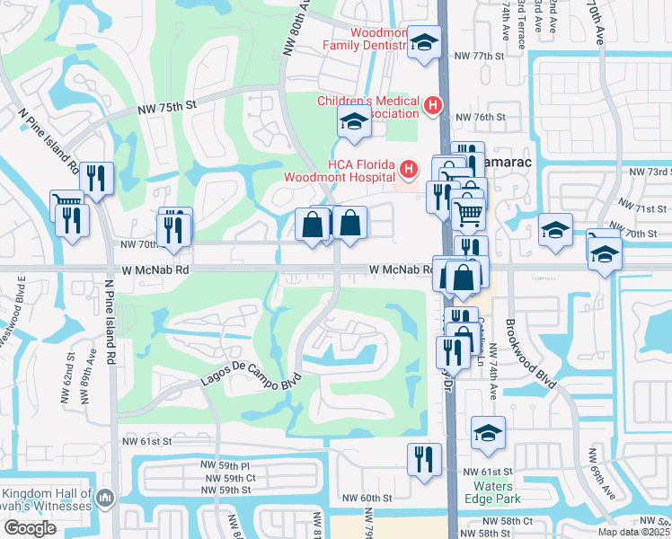 map of restaurants, bars, coffee shops, grocery stores, and more near W McNab Rd & Lagos De Campo Blvd in Tamarac