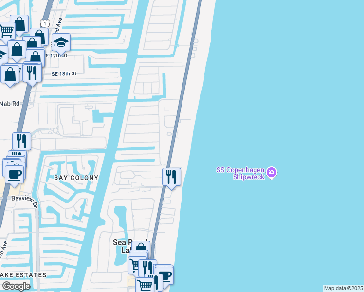 map of restaurants, bars, coffee shops, grocery stores, and more near 1770 South Ocean Boulevard in Pompano Beach