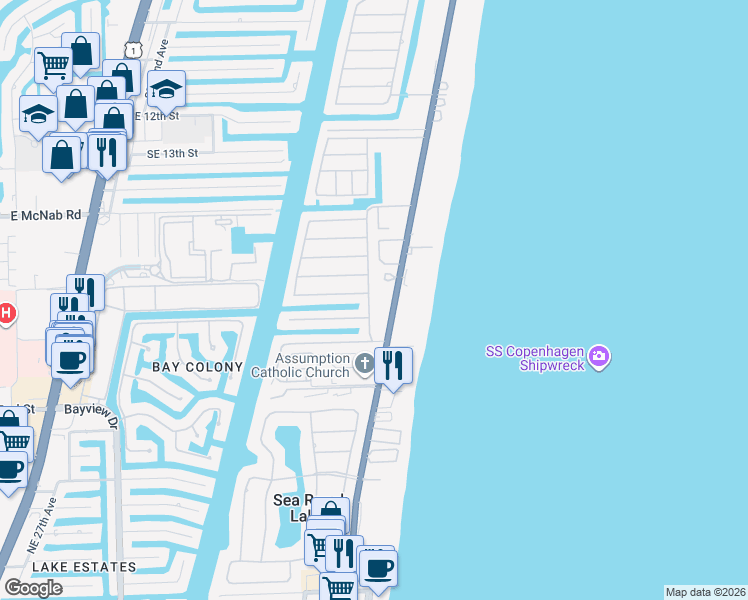 map of restaurants, bars, coffee shops, grocery stores, and more near 2051 Waters Edge in Pompano Beach