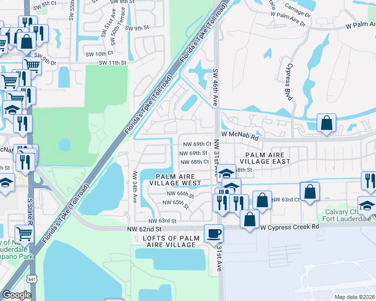map of restaurants, bars, coffee shops, grocery stores, and more near 3140 Northwest 69th Street in Fort Lauderdale