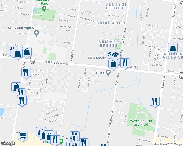 map of restaurants, bars, coffee shops, grocery stores, and more near 119 South 48th Lane in McAllen
