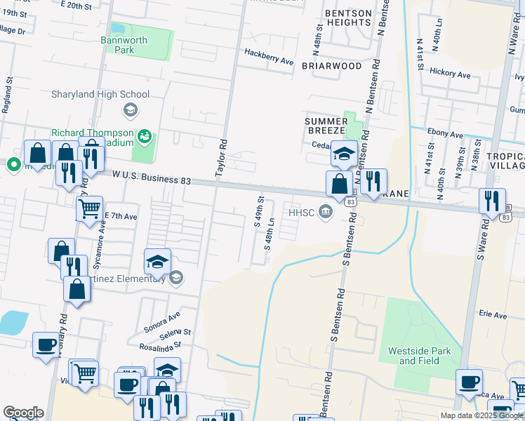 map of restaurants, bars, coffee shops, grocery stores, and more near 200 South 49th Street in McAllen