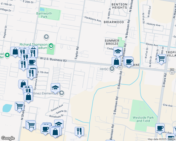 map of restaurants, bars, coffee shops, grocery stores, and more near 200 South 49th Street in McAllen