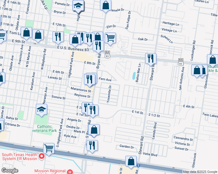 map of restaurants, bars, coffee shops, grocery stores, and more near 1500 East Santa Barbara Drive in Mission