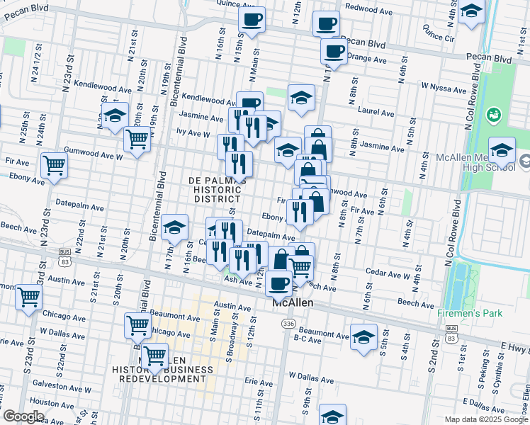 map of restaurants, bars, coffee shops, grocery stores, and more near 1201 Ebony Avenue in McAllen