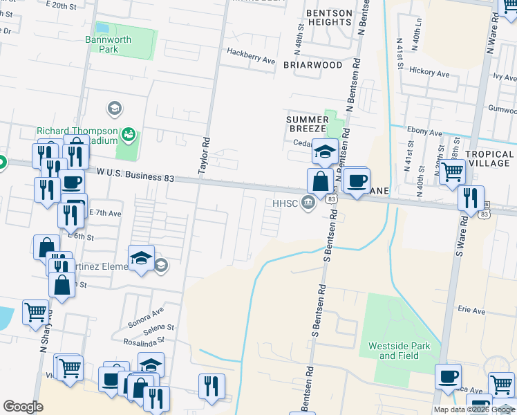 map of restaurants, bars, coffee shops, grocery stores, and more near 119 South 48th Lane in McAllen