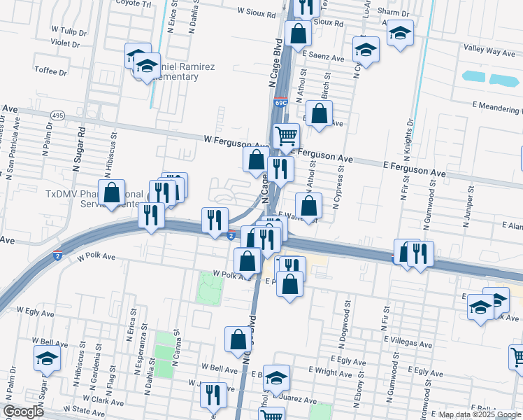 map of restaurants, bars, coffee shops, grocery stores, and more near South Drive in Pharr
