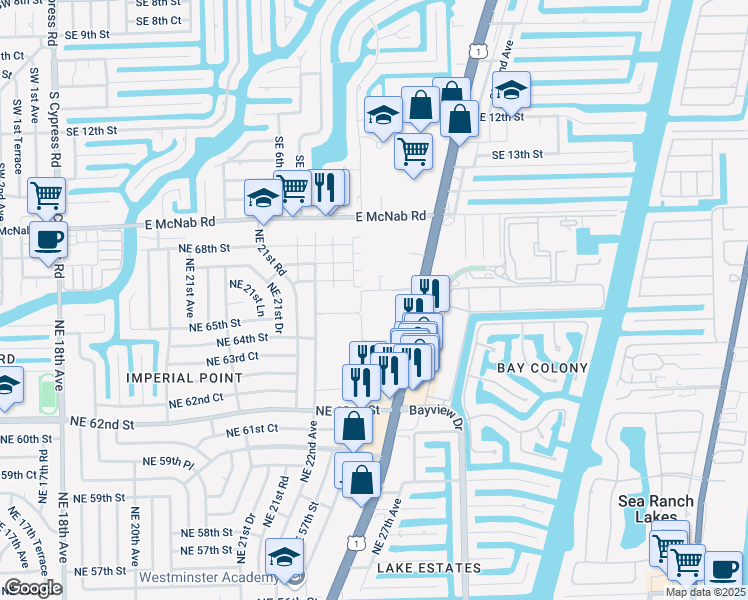 map of restaurants, bars, coffee shops, grocery stores, and more near 2400 Northeast 65th Street in Fort Lauderdale