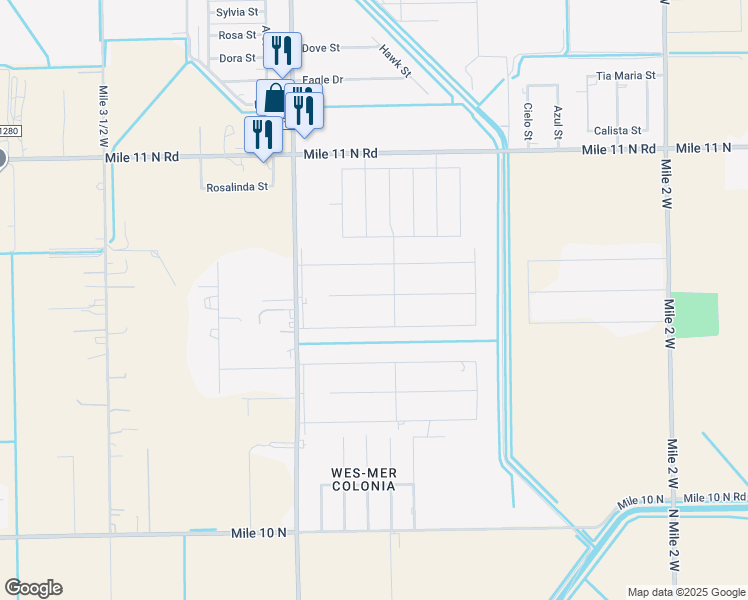 map of restaurants, bars, coffee shops, grocery stores, and more near 3608 Abbey Street in Mercedes