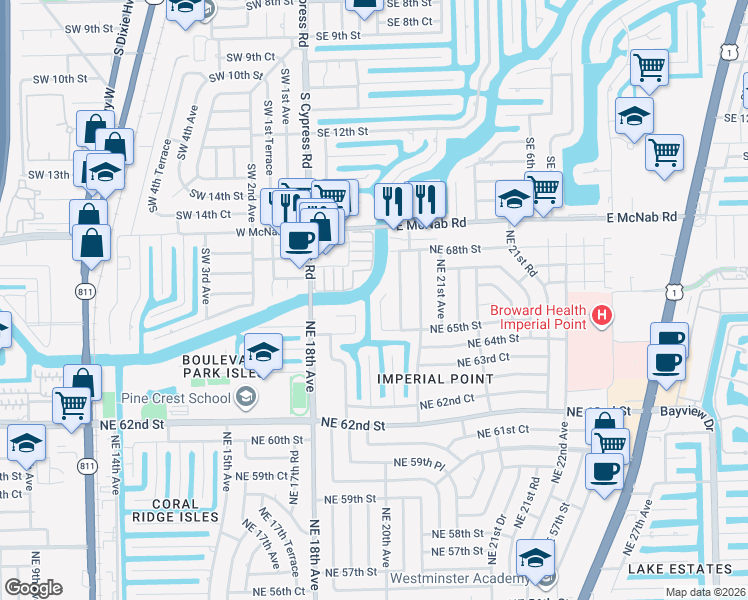 map of restaurants, bars, coffee shops, grocery stores, and more near 1871 Northeast 65th Court in Fort Lauderdale