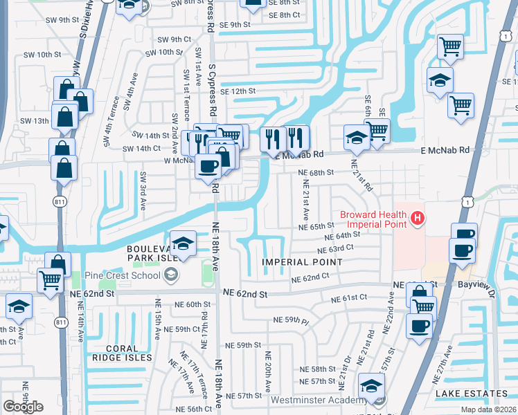 map of restaurants, bars, coffee shops, grocery stores, and more near 1871 Northeast 65th Court in Fort Lauderdale